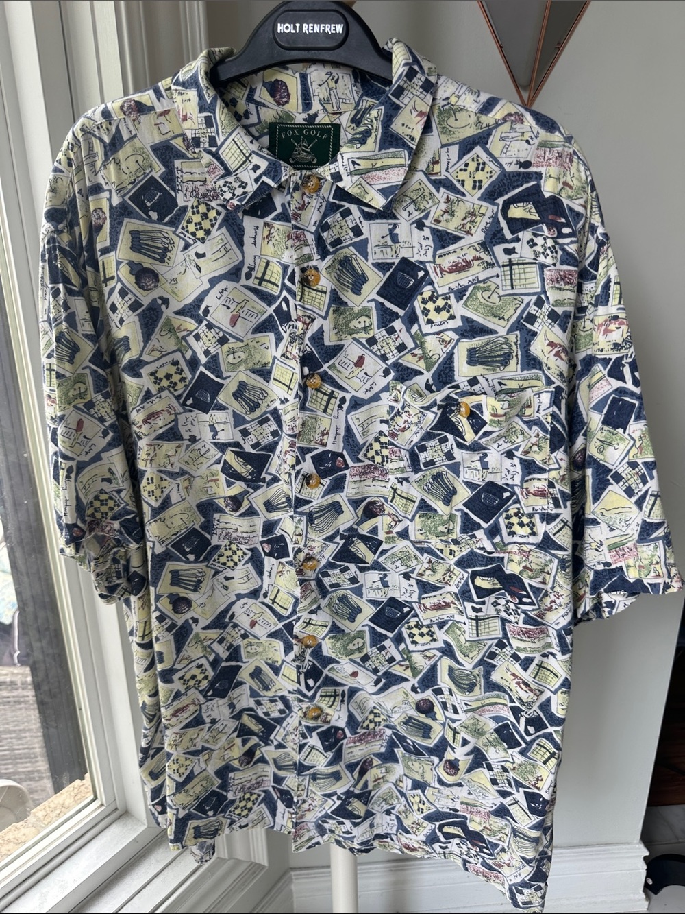 VINTAGE FOX GOLF Men's Short-Sleeve Printed Button-Up Shirt Navy White Sz. Large